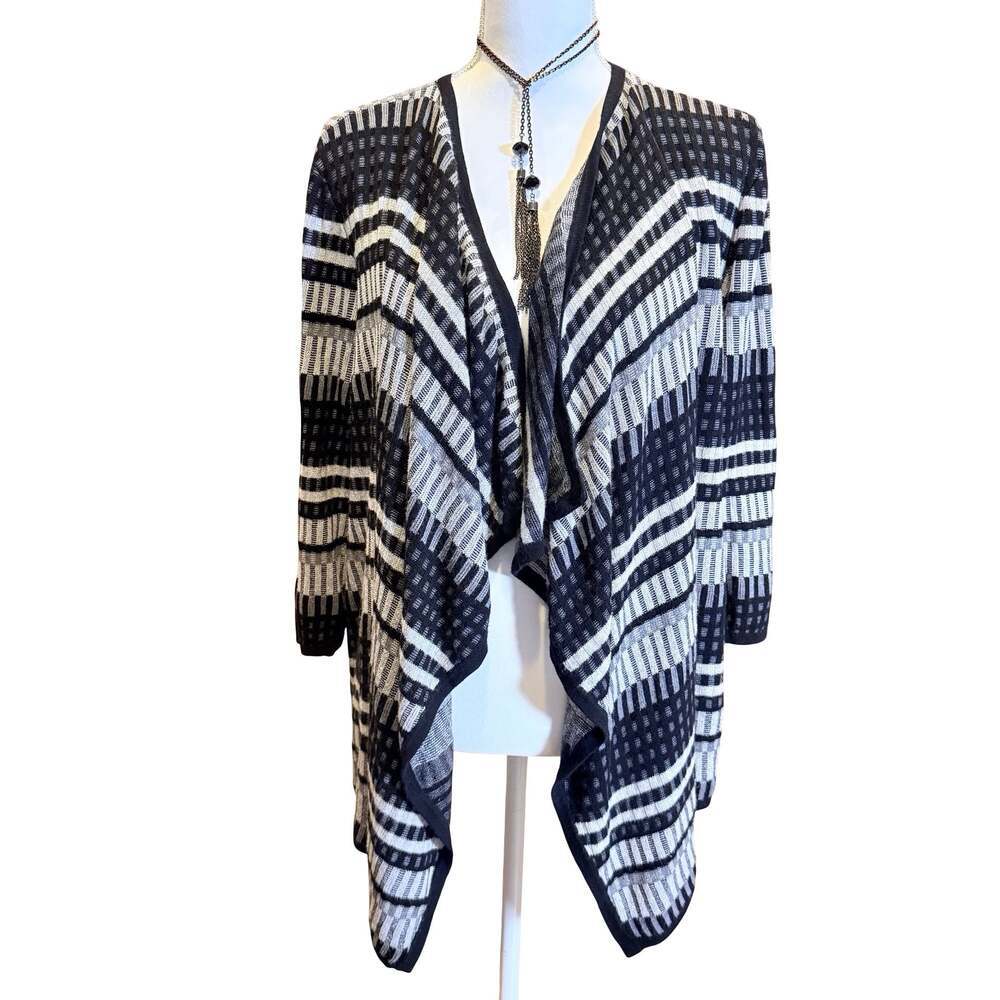 Chico's Black and White Striped Metallic Waterfall Open Front Cardigan XL